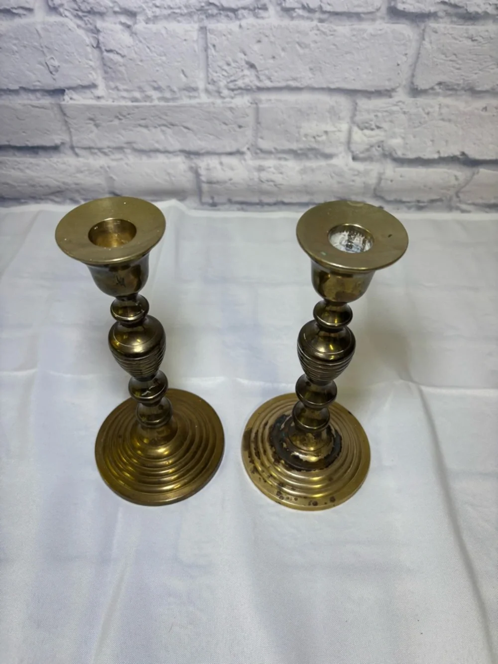 Vintage Pair Brass Candle Stick Holder 8.75 in Tall Made In India Patina